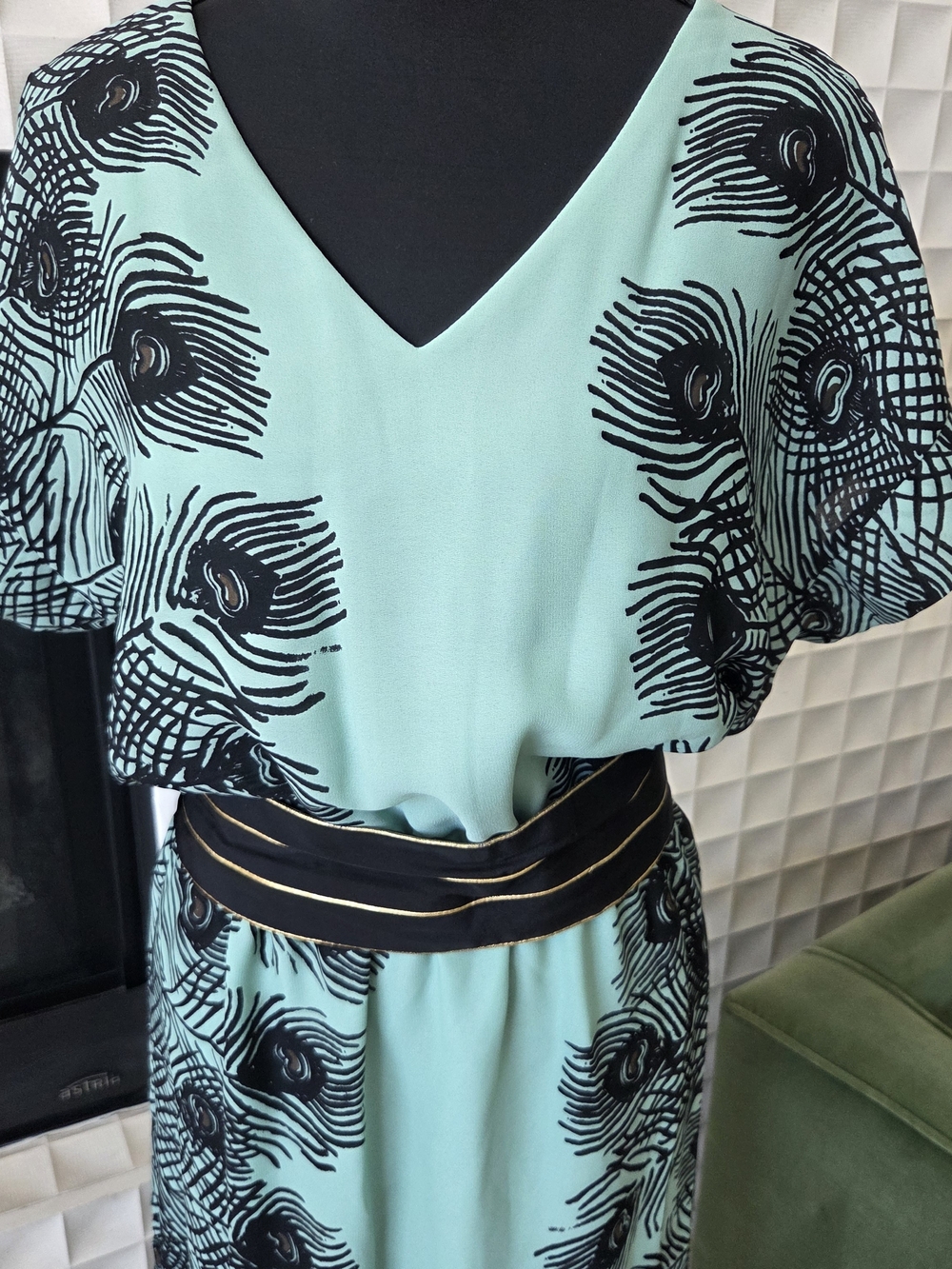 Corey Lynn Calter Anthropologie Mint Plumes Kimono Midi Dress Peacock Feather XS - Picture 4 of 10